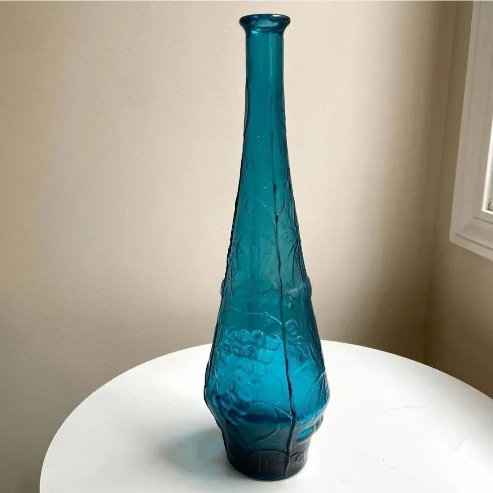 VTG MCM Italian EMPOLI Genie Bottle Decanter Teal Blue Embossed Fruit 15.5” x 5"